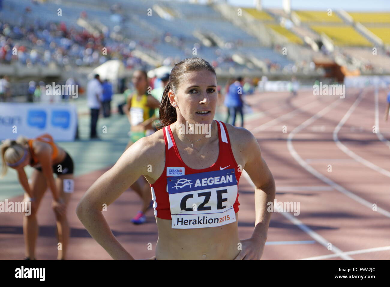 Heraklion, Greece. 20th June, 2015. Czech 400 metres hurdles runner Zuzana Hejnová, the winner oft the second heat is pictured after the race at the 2015 European Athletics Team Championships 1st League. The first day of the 2015 European Athletics Team Championships First League saw 21 events with 1 athlete from each of the 12 participating countries taking place in the Pankrition Stadium in Heraklion on Crete. © Michael Debets/Pacific Press/Alamy Live News Stock Photo