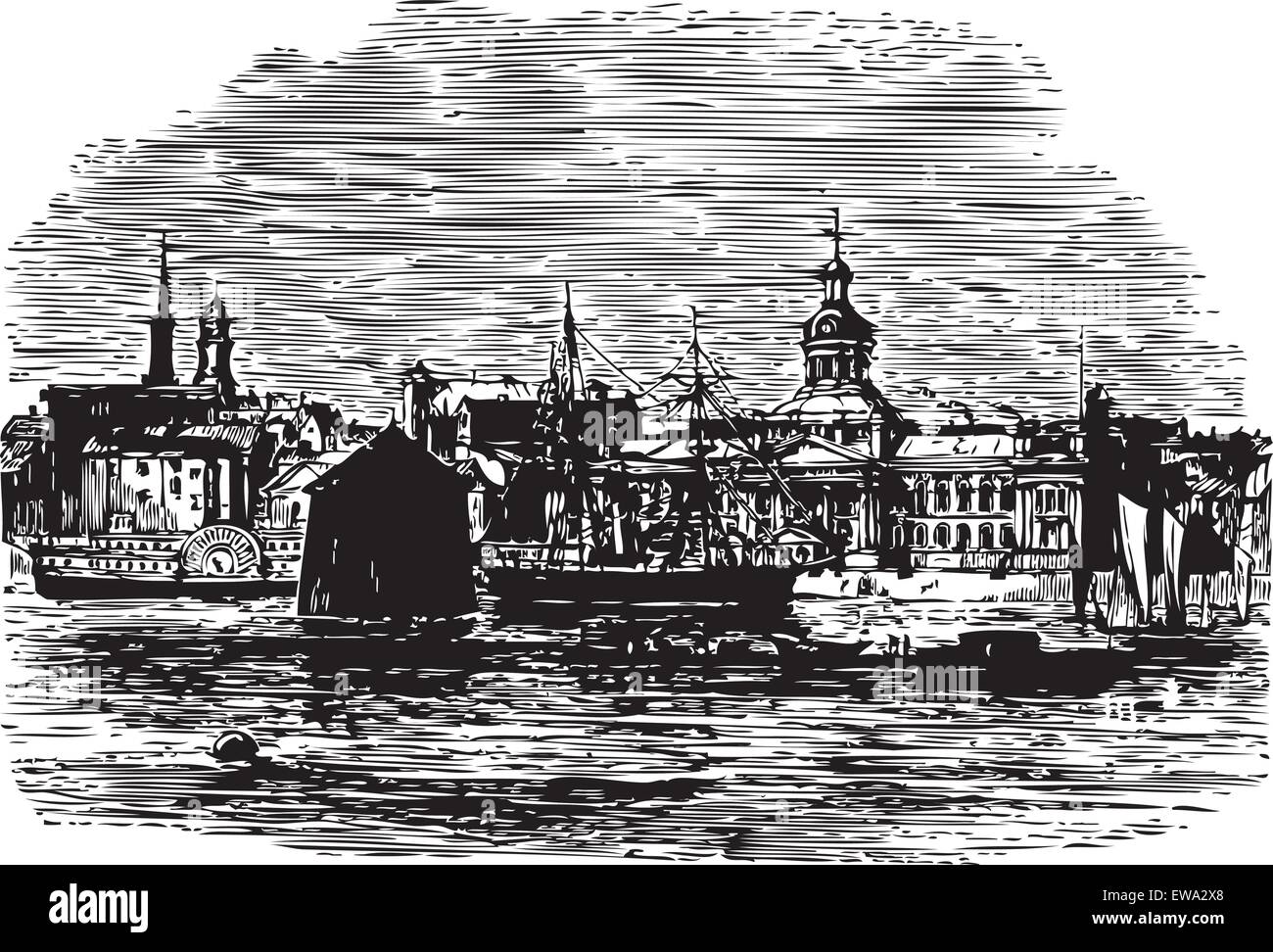 Waterfront at Kingston, Canada vintage engraving. Old engraved