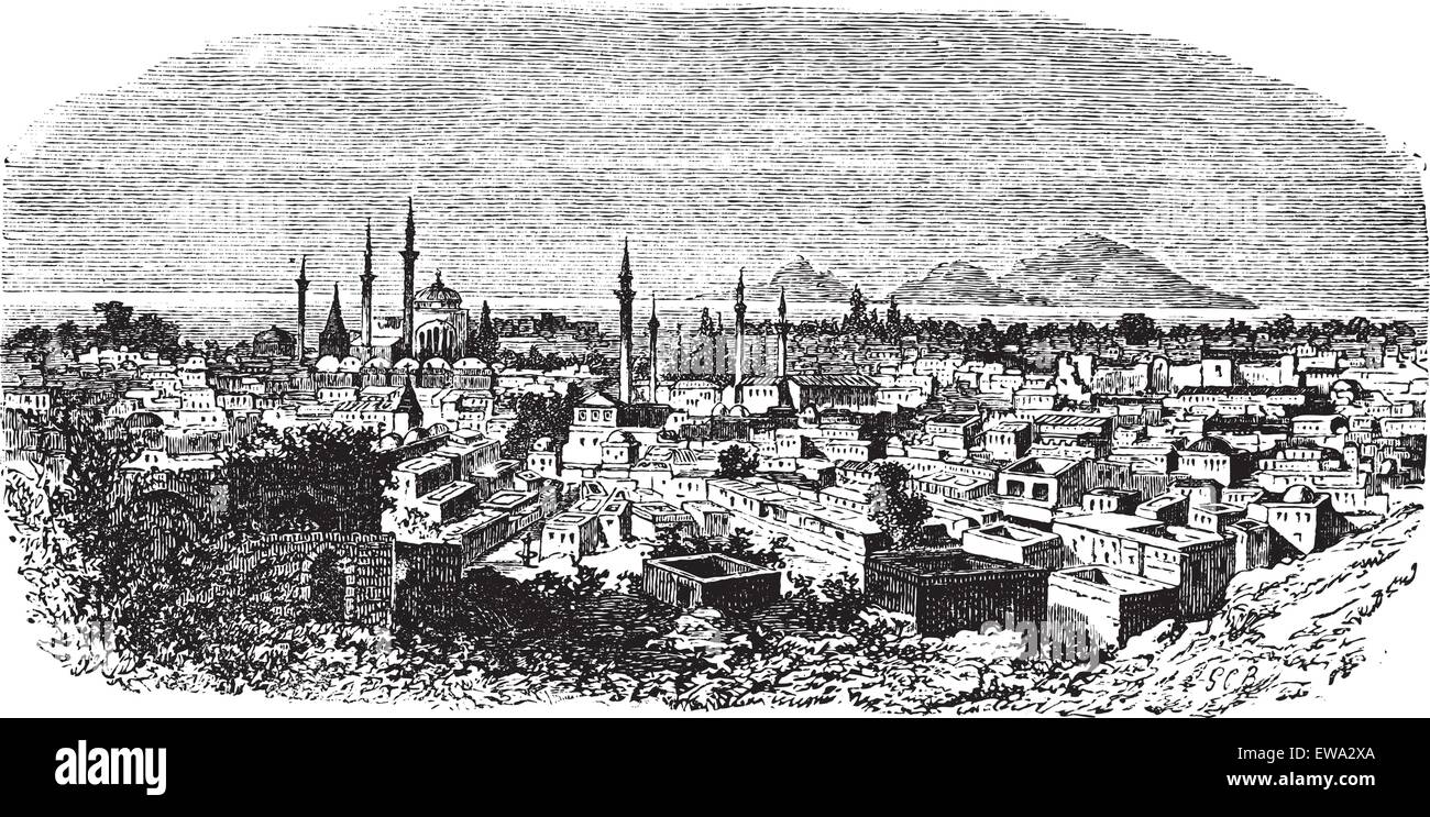 Konieh or Koniah or Konya city anciently known as Iconium vintage engraving. Old engraved illustration of Konieh cityscape anciently known as Iconium, Stock Vector