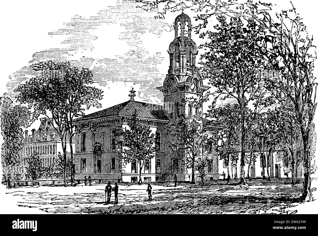 City Hall in Lawrence, Canada, vintage engraved illustration. Trousset encyclopedia (1886 - 1891). Stock Vector