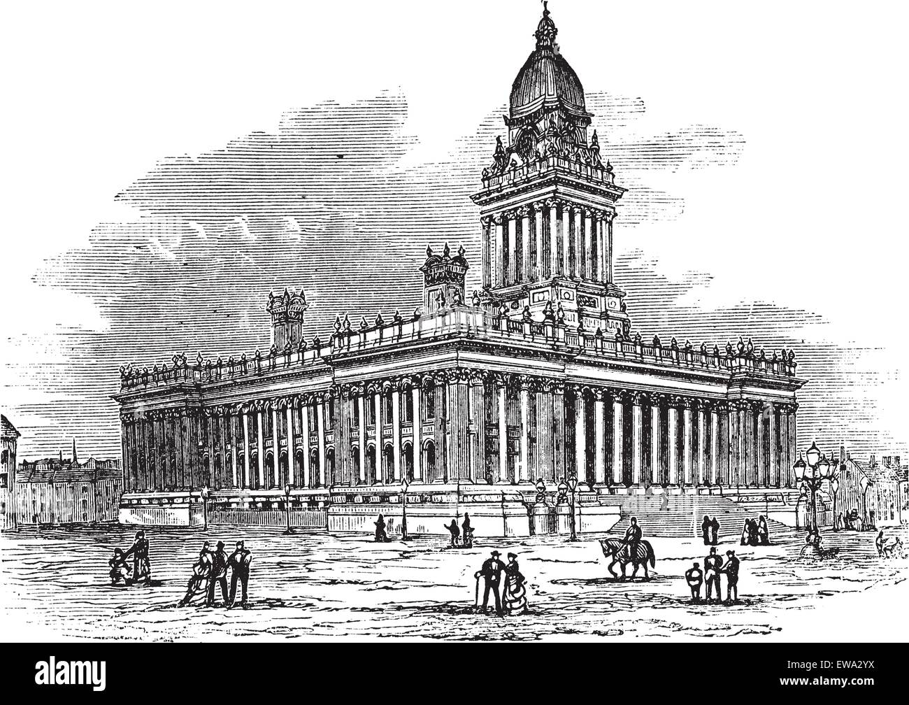 Townhouse, Leeds, England vintage engraving. Old engraved illustration of exterior of townhouse, Leeds, England, 1800s. Stock Vector