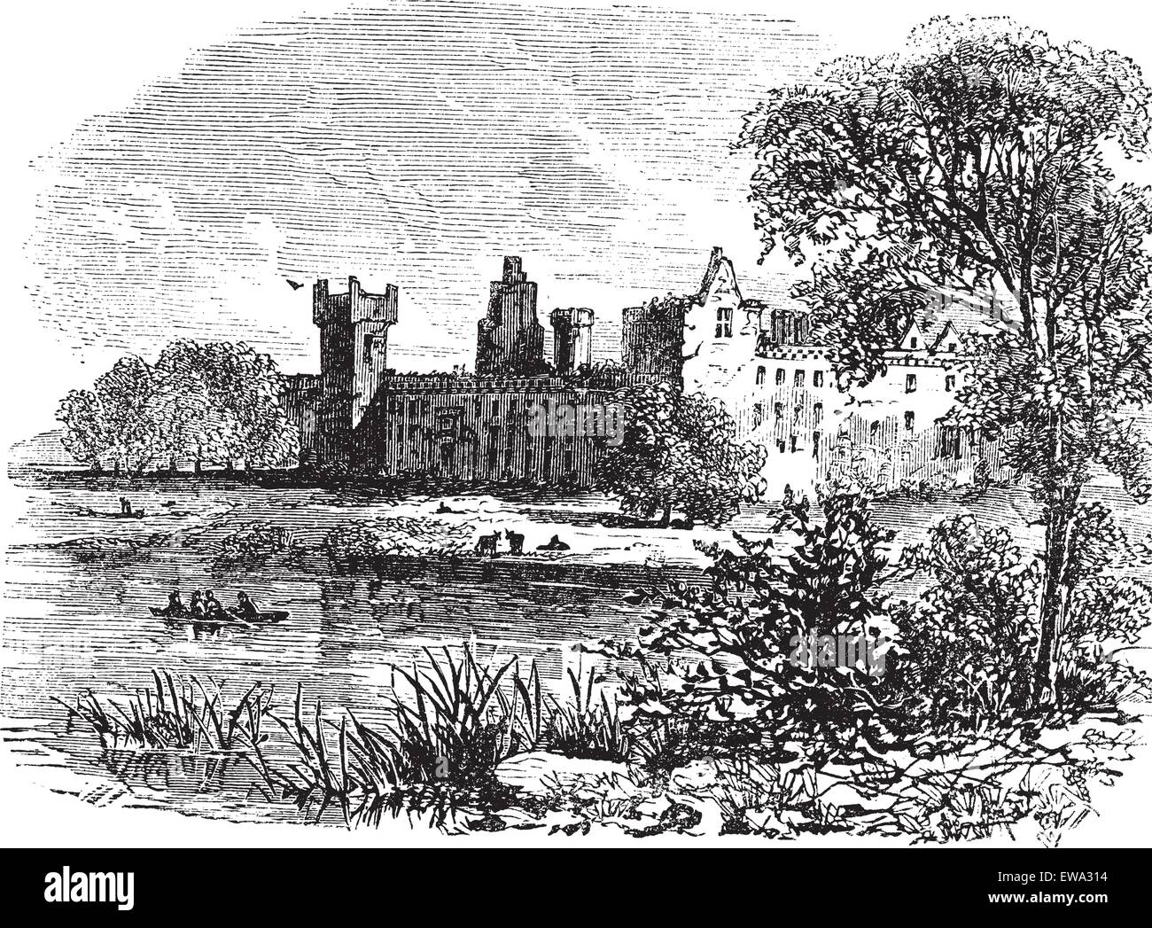 Ruins of Linlithgow Palace, West Lothian, Scotland, vintage engraved illustration. Trousset encyclopedia (1886 - 1891). Stock Vector