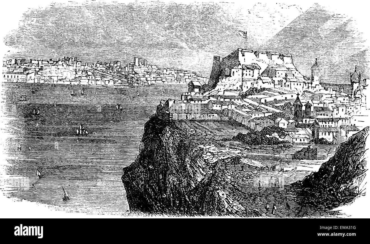 Lisbon, view from the south bank of the Tagus, vintage engraved illustration. Trousset encyclopedia (1886 - 1891). Stock Vector