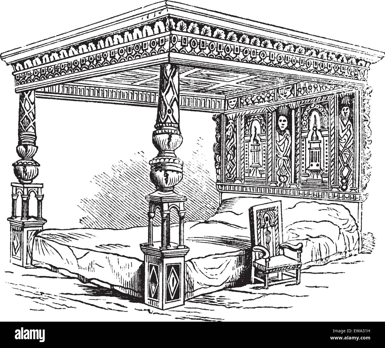 Great Bed of Ware, vintage engraved illustration. Trousset encyclopedia (1886 - 1891). Stock Vector