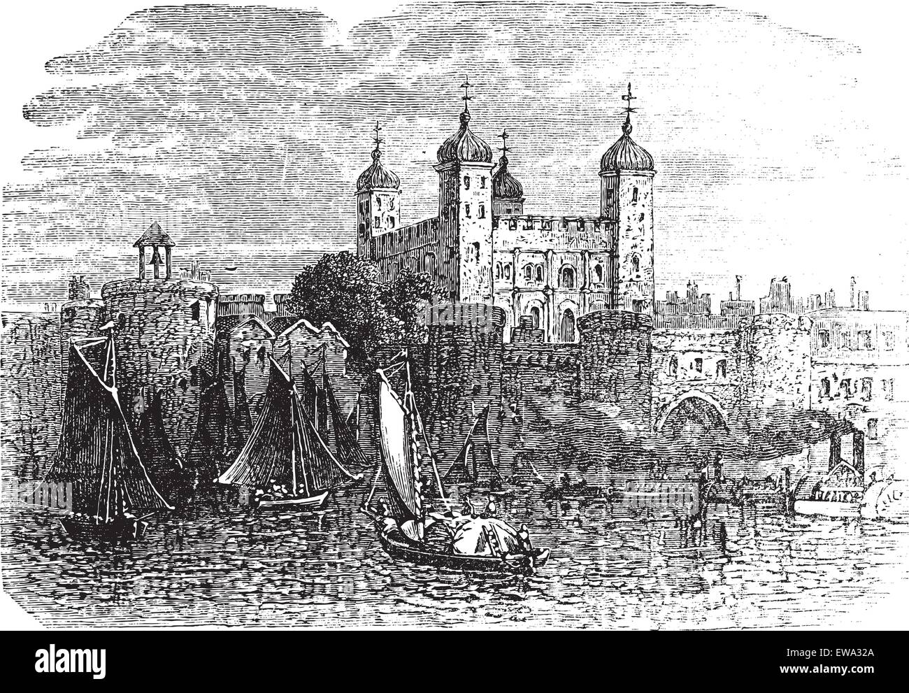 Tower of London or Her Majesty's Royal Palace and Fortress in London, England, during the 1890s, vintage engraving. Old engraved illustration of Tower of London with moving ships in front. Stock Vector