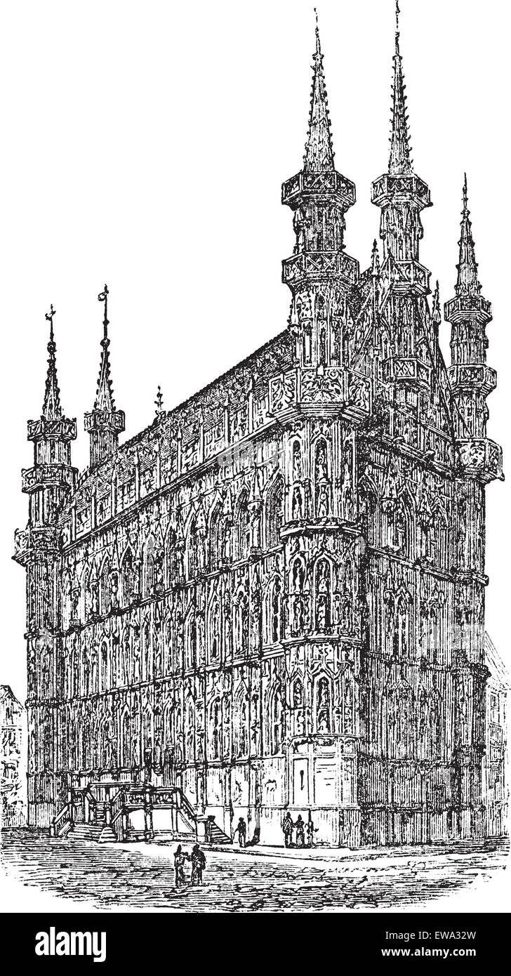 Town Hall of Leuven, Belgium, during the 1890s, vintage engraving. Old engraved illustration of Town Hall of Leuven. Stock Vector