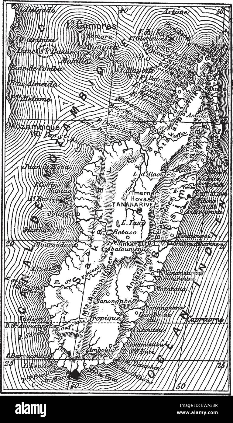 Map of Madagascar, during the 1890s, vintage engraving. Old engraved illustration of the Map of Madagascar. Stock Vector