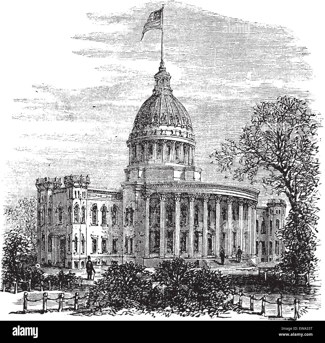 Wisconsin State Capitol in Madison, US, during the 1890s, vintage engraving. Old engraved illustration of Wisconsin State Capitol. Stock Vector