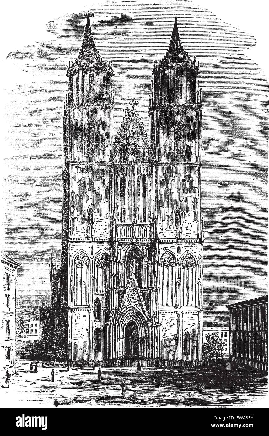 Cathedral of Magdeburg or Cathedral of Saints Catherine and Maurice in Germany, during the 1890s, vintage engraving. Old engraved illustration of Cathedral of Magdeburg from front. Stock Vector