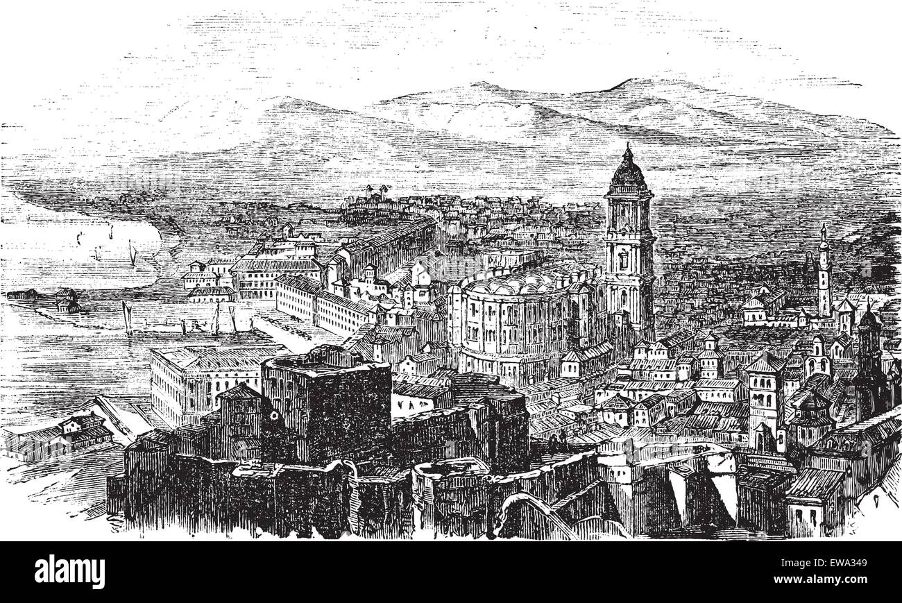 Malaga in Andalusia, Spain, during the 1890s, vintage engraving. Old engraved illustration of Malaga with its port. Stock Vector