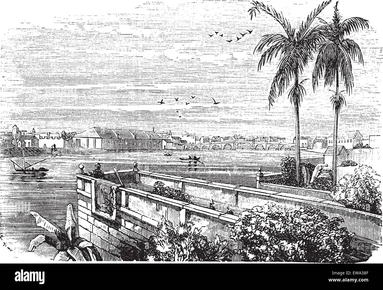 Manila or Pearl of the Orient or Queen of the Orient or the City of Our Affections or City by the Bay in Philippines, during the 1890s, vintage engraving. Old engraved illustration of Manila with Pasig River. Stock Vector