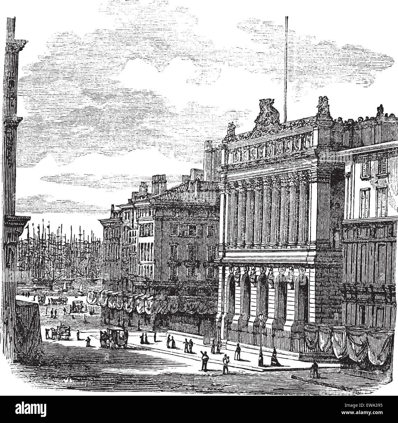 The Bourse Marseille or Palais de la Bourse in Marseille, France, during the 1890s, vintage engraving. Old engraved illustration of the Bourse Marseille with people on the street. Stock Vector