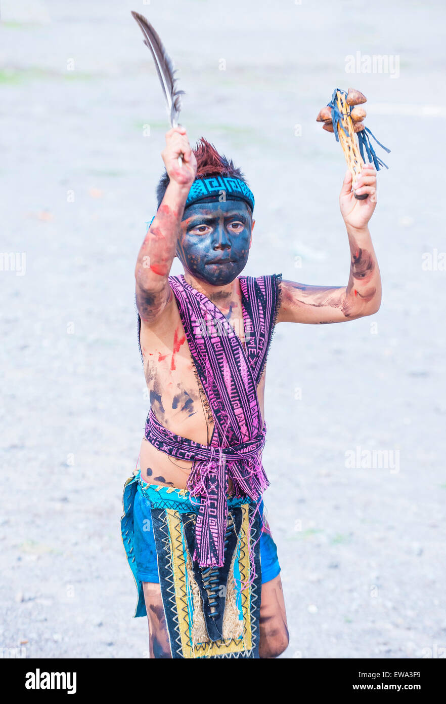 Native American boy with traditional costume participates at the festival of Valle del Maiz in San Miguel de Allende ,Mexico. Stock Photo