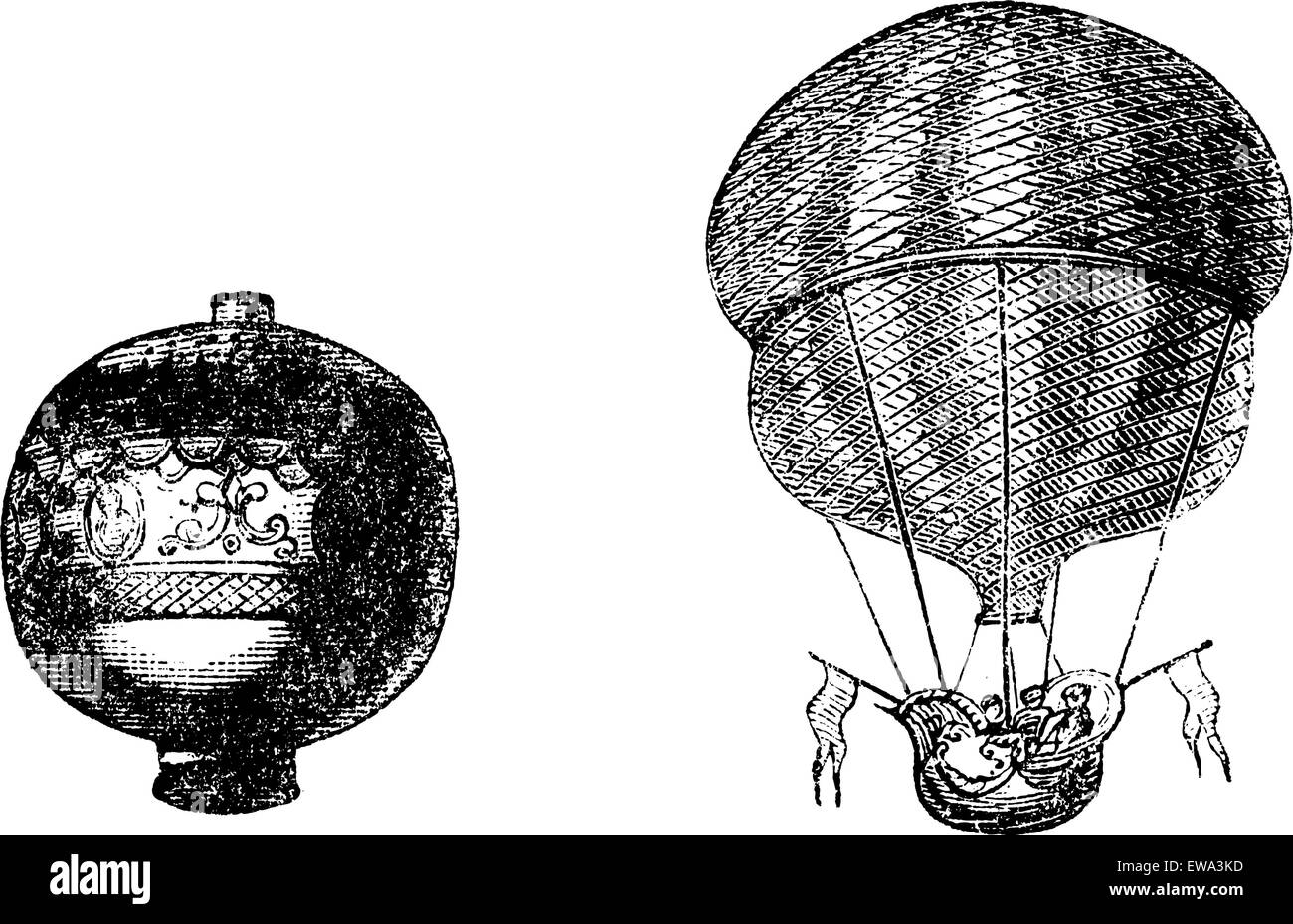 First balloon or Hot air balloon, vintage engraved illustration.  Trousset encyclopedia (1886 - 1891). Stock Vector