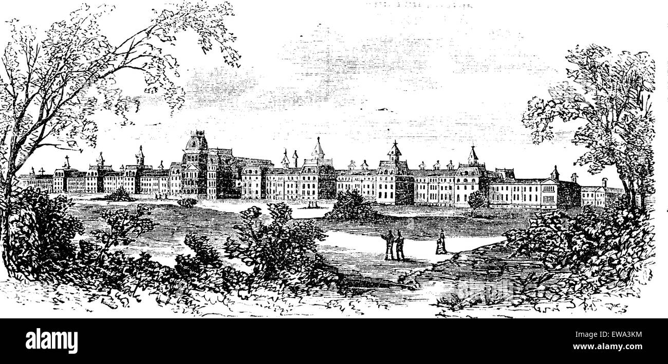 Morristown. insane asylum of the state of New Jersey, vintage engraved illustration. Trousset encyclopedia (1886 - 1891). Stock Vector