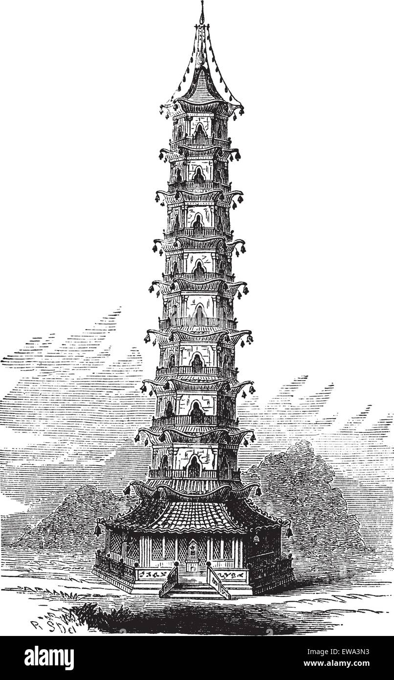 Porcelain Tower of Nanjing, in China, vintage engraved illustration. Trousset encyclopedia (1886 - 1891). Stock Vector