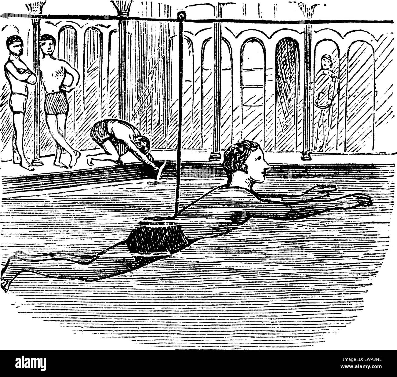 Learning to Swim with the Aid of a Rope, vintage engraved illustration. Trousset encyclopedia (1886 - 1891). Stock Vector