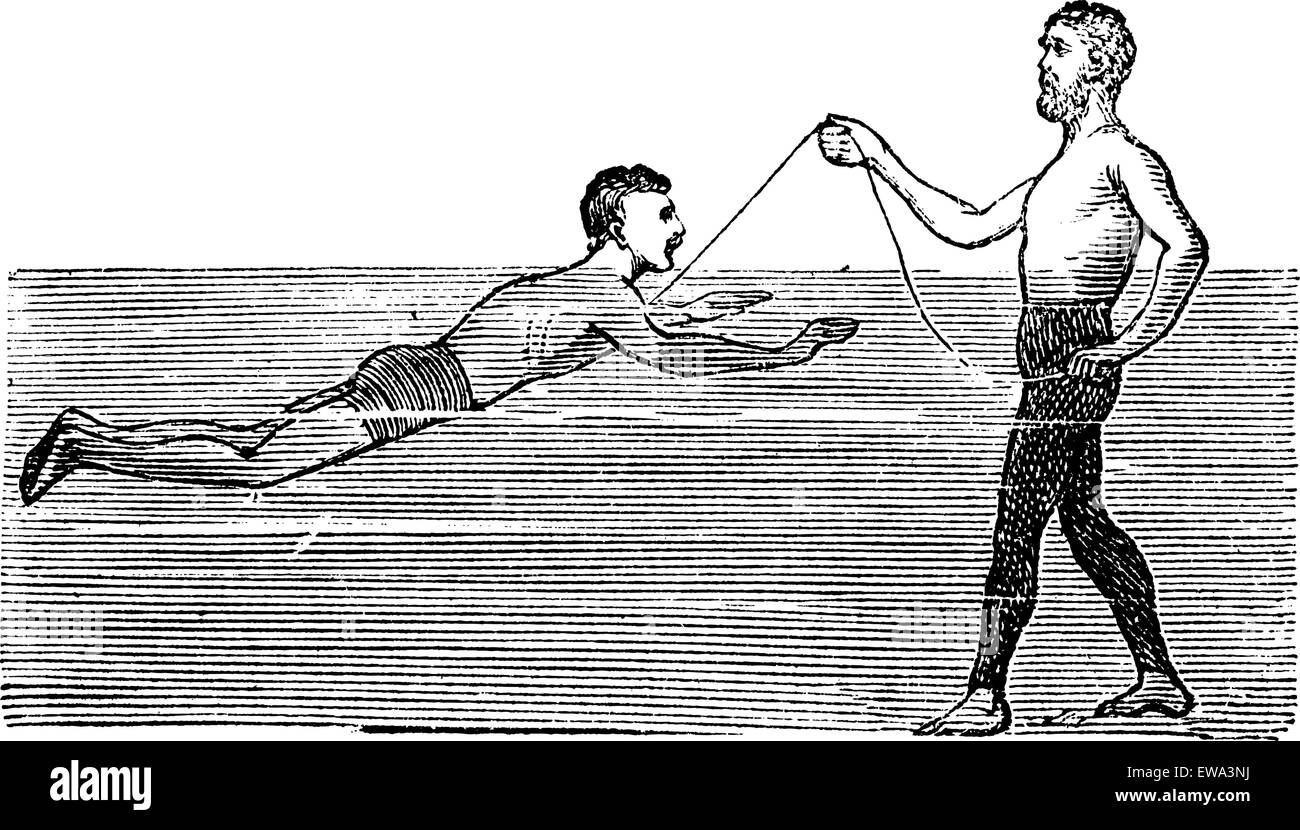 Learning to Swim with the Aid of a Rope, vintage engraved illustration. Trousset encyclopedia (1886 - 1891). Stock Vector