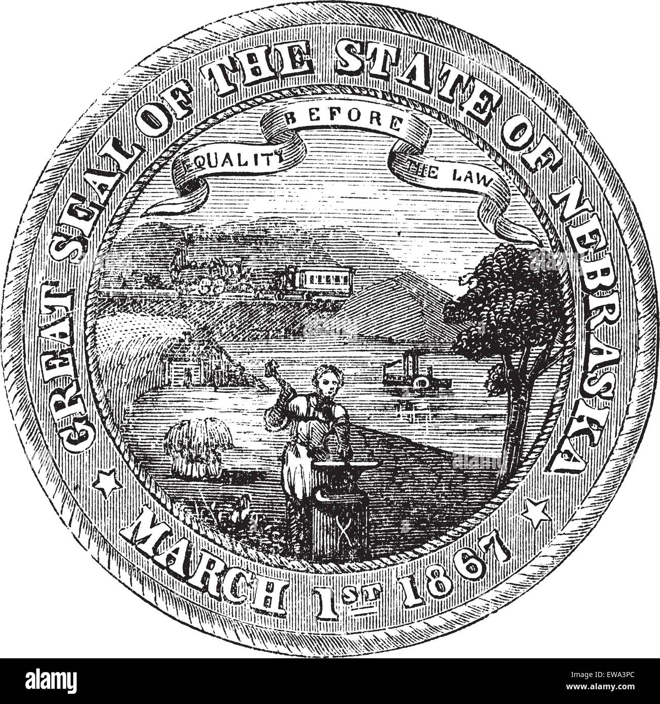 Seal of the State of Nebraska, vintage engraved illustration. Trousset encyclopedia (1886 - 1891). Stock Vector