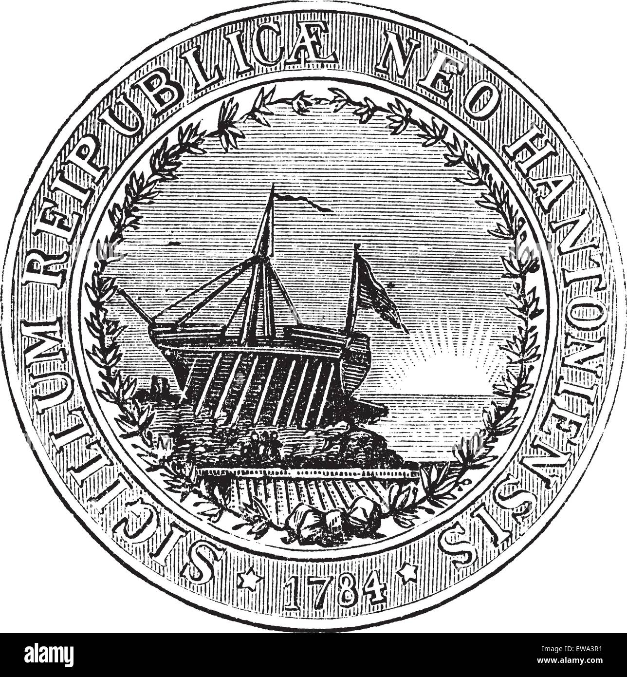 Seal of the State of New Hampshire, vintage engraved illustration. Trousset encyclopedia (1886 - 1891). Stock Vector