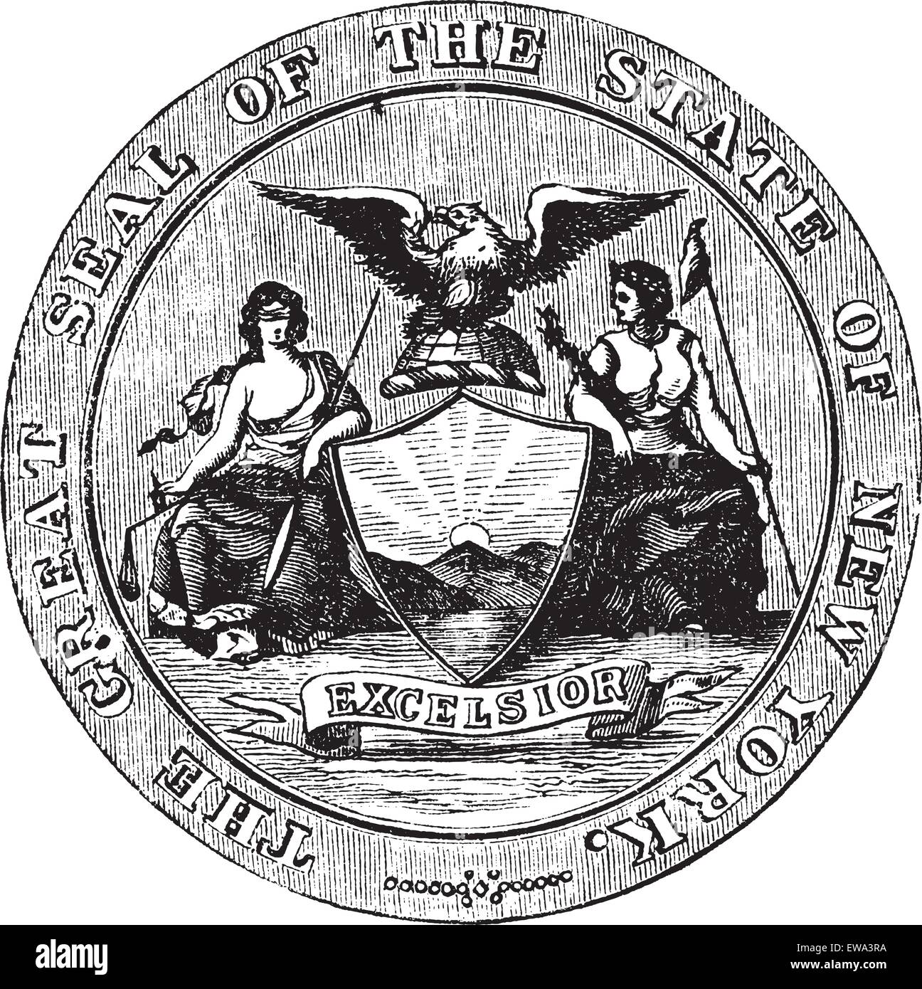 Seal of the State of New York, vintage engraved illustration. Trousset encyclopedia (1886 - 1891). Stock Vector