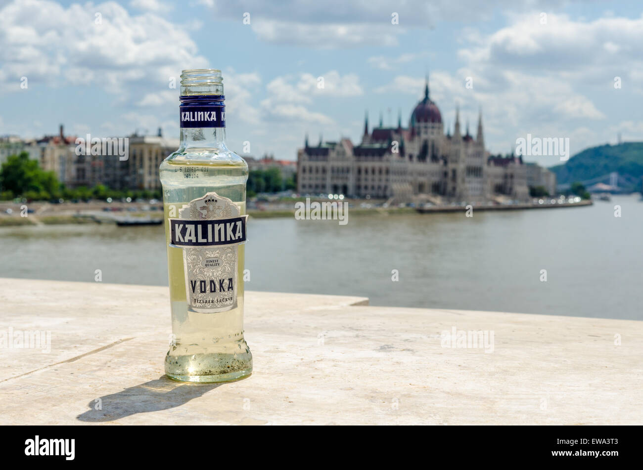 Abandoned bottle of Kalinka Hungarian Vodka left on a bridge in