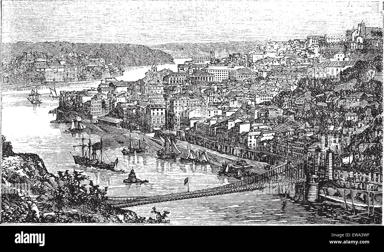 Oporto City, Portugal, vintage engraved illustration, in the late 1800s.  Trousset encyclopedia (1886 - 1891). Stock Vector