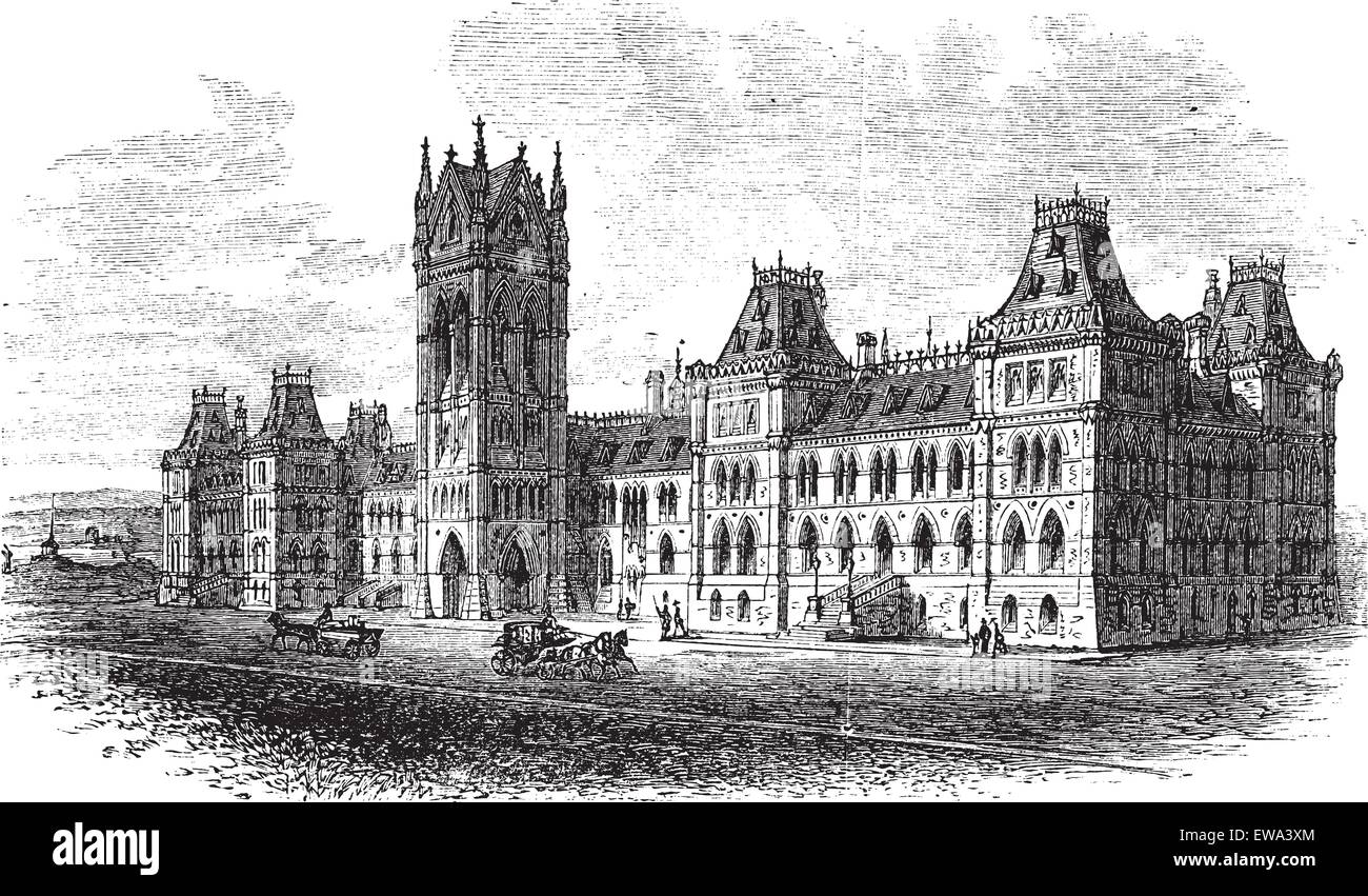 House of Parliament, Ottawa, Ontario, Canada, vintage engraved illustration. Trousset encyclopedia (1886 - 1891). Stock Vector