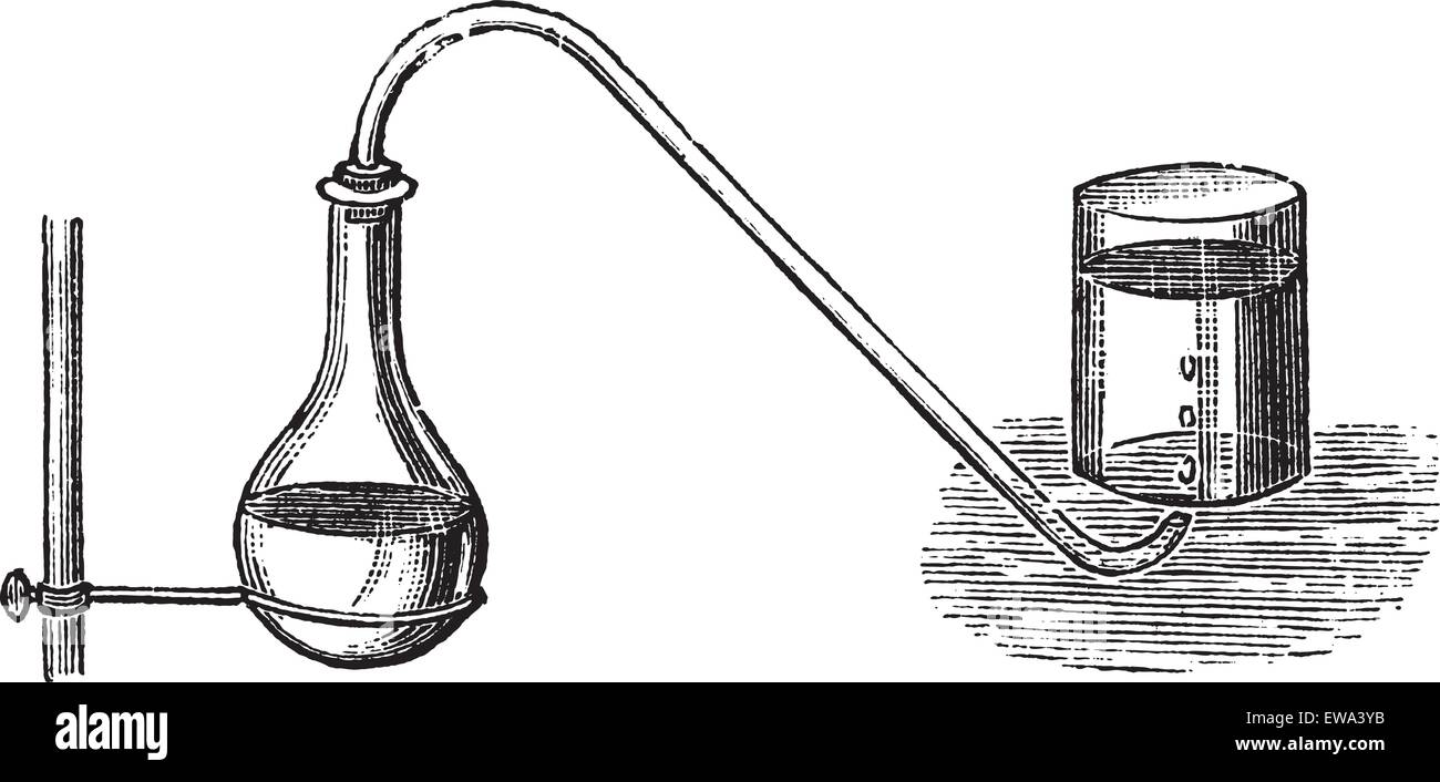 The Production of oxygen by manganese dioxide, diagram, vintage engraving. Old engraved illustration of the Production of oxygen by manganese dioxide isolated on a white background. Stock Vector