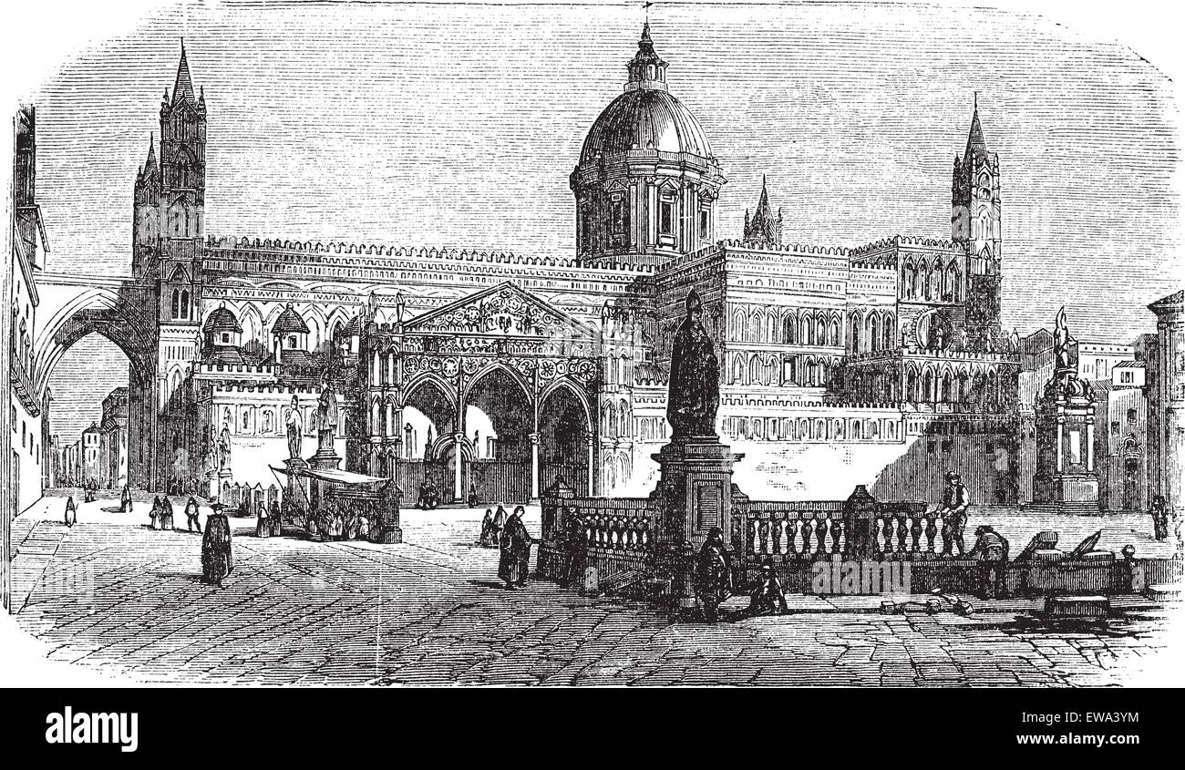 Cathedral of Palermo in Palermo, Sicily, Italy, during the 1890s, vintage engraving. Old engraved illustration of Cathedral of Palermo with people in front. Stock Vector
