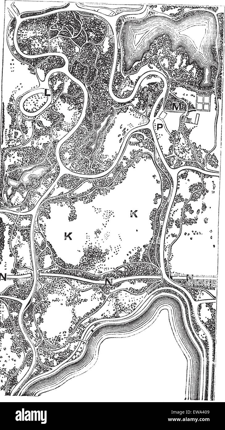 Map of Central Park, in Manhattan in New York City, New York, USA, vintage engraved illustration. Trousset encyclopedia (1886 - Stock Vector