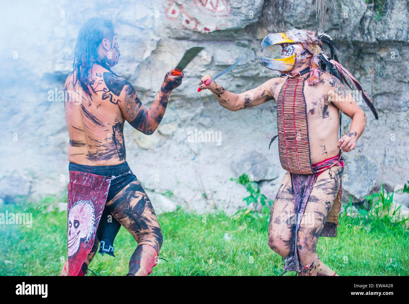 Two Native Americans in a machete fight during the festival of Valle del  Maiz in San Miguel de Allende ,Mexico Stock Photo - Alamy