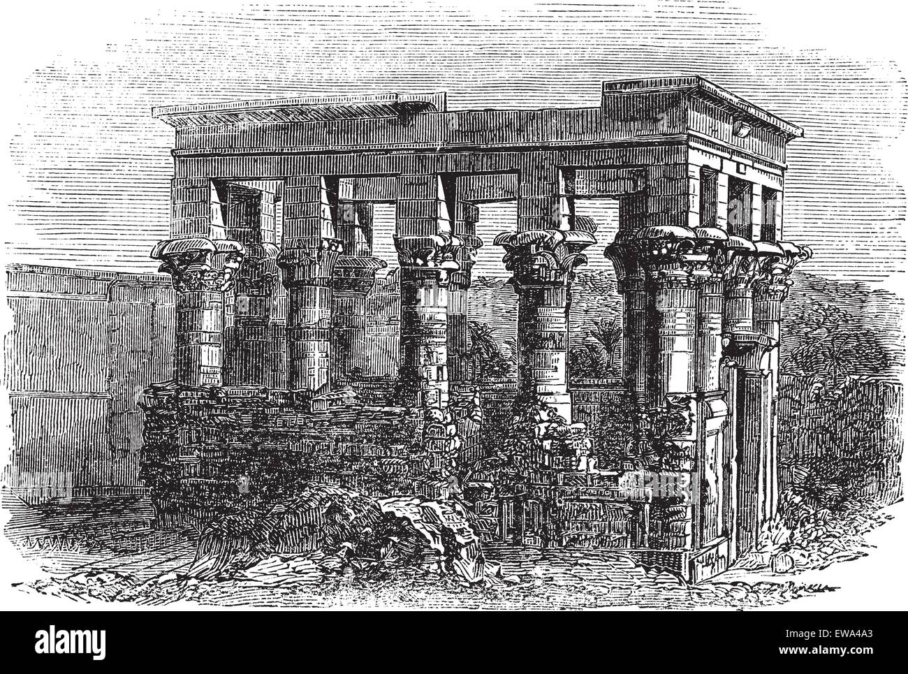 Temple of Isis at Philae, vintage engraved illustration. Exterior of Temple of Isis during late 1800s. Trousset encyclopedia (1886 - 1891). Stock Vector