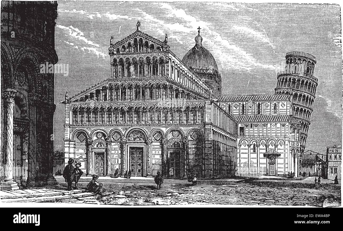 Leaning Tower, cathedral and baptistery of Pisa,vintage engraved illustration.Trousset encyclopedia (1886 - 1891). Stock Vector