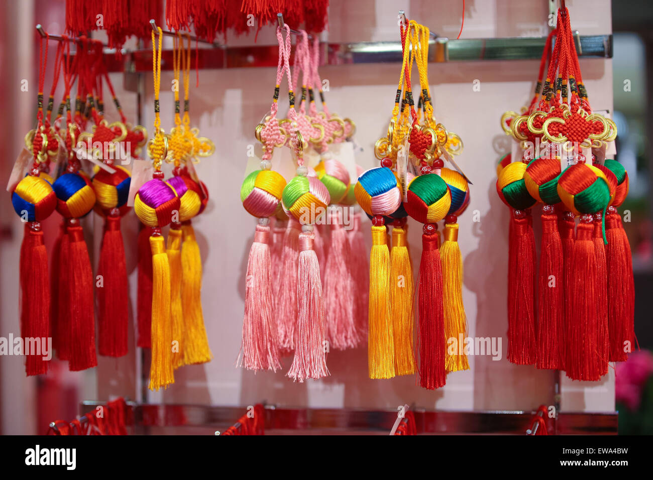 Chinese hanging festive ornaments on sale. Stock Photo
