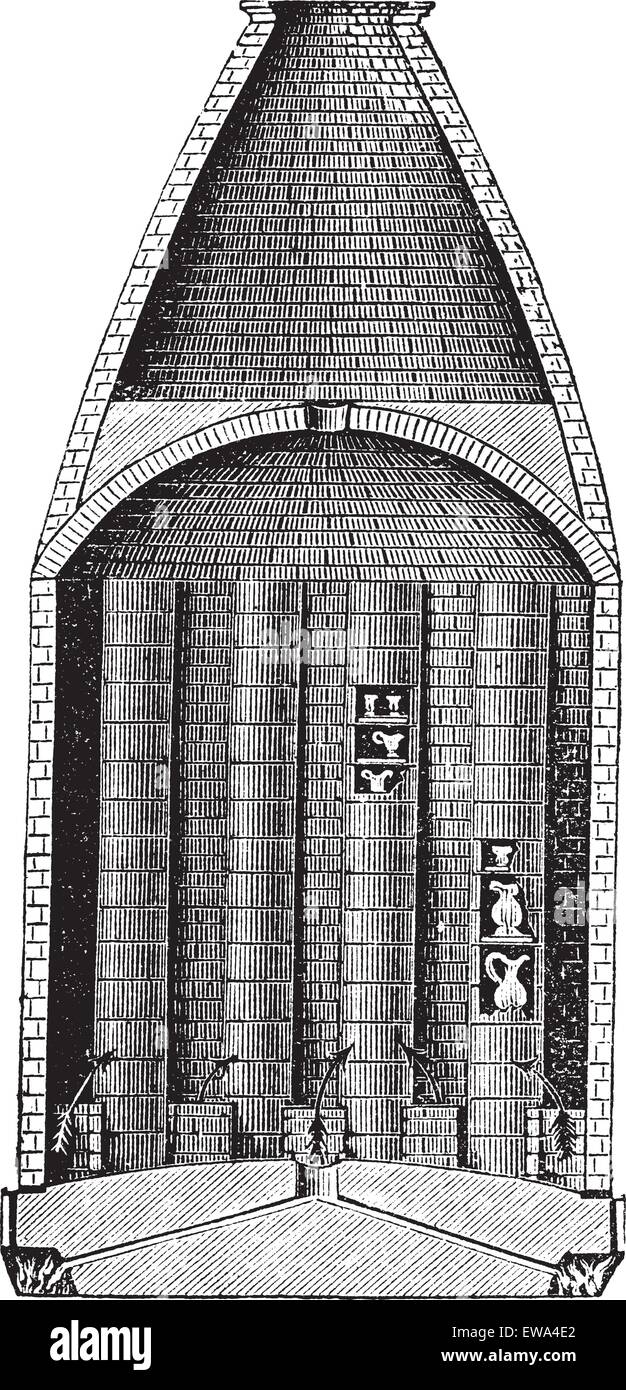 Section of a pottery kiln, vintage engraving. Old engraved illustration of Section of a pottery kiln. Stock Vector