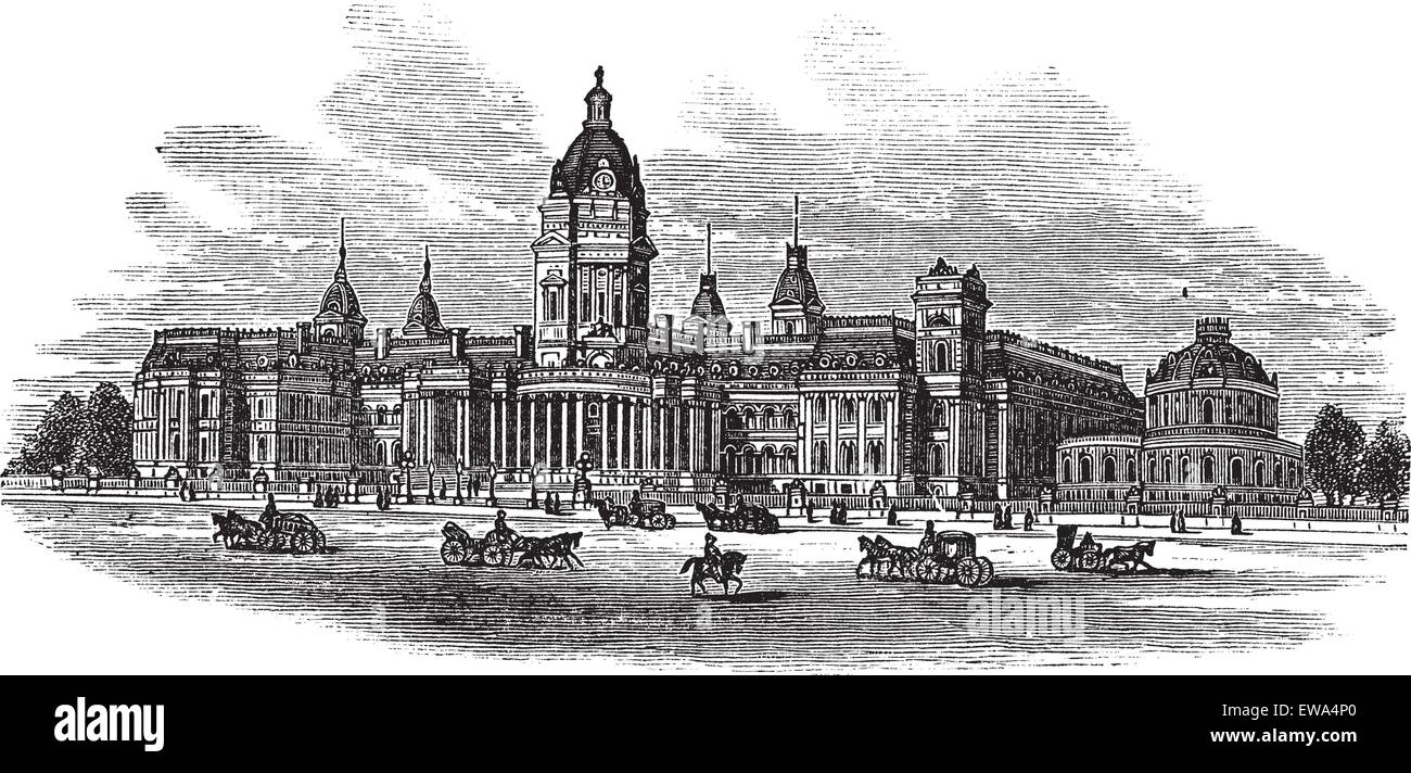 San Francisco City Hall in America, during the 1890s, vintage engraving. Old engraved illustration of San Francisco City Hall with moving carts in front. Stock Vector