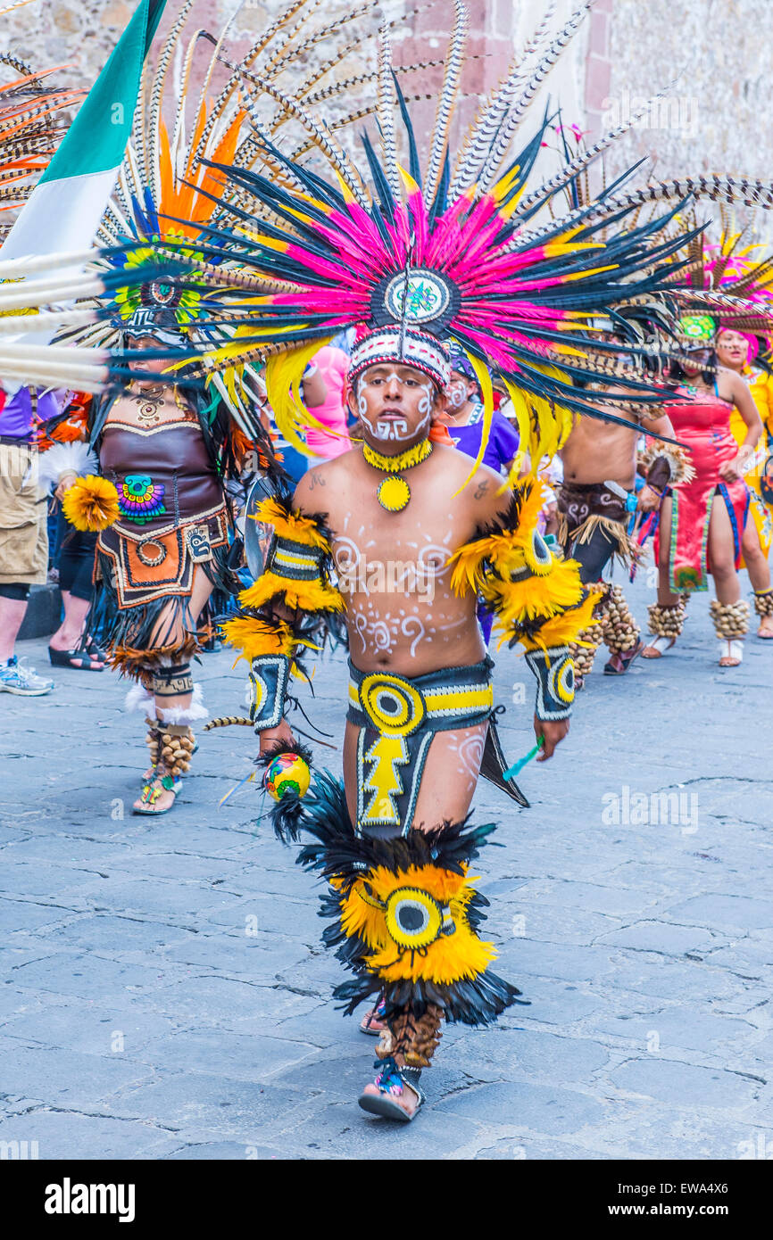 Native Americans with traditional costume participates at the festival of Valle del Maiz in San Miguel de Allende ,Mexico. Stock Photo