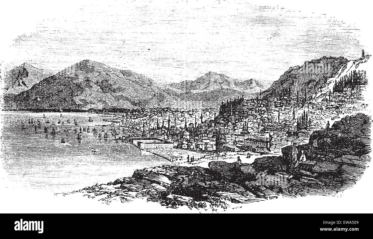 Smyrna in Turkey, during the 1890s, vintage engraving. Old engraved illustration of Smyrna with sea. Stock Vector