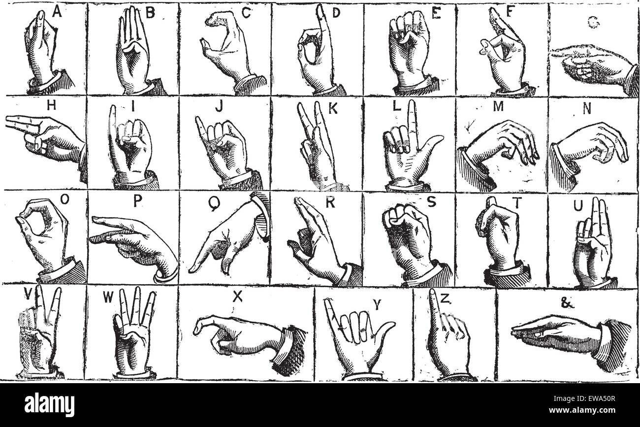 One-handed manual alphabets, vintage engraving. Old engraved illustration of One-handed  manual alphabets of Deaf and Dumb. Stock Vector