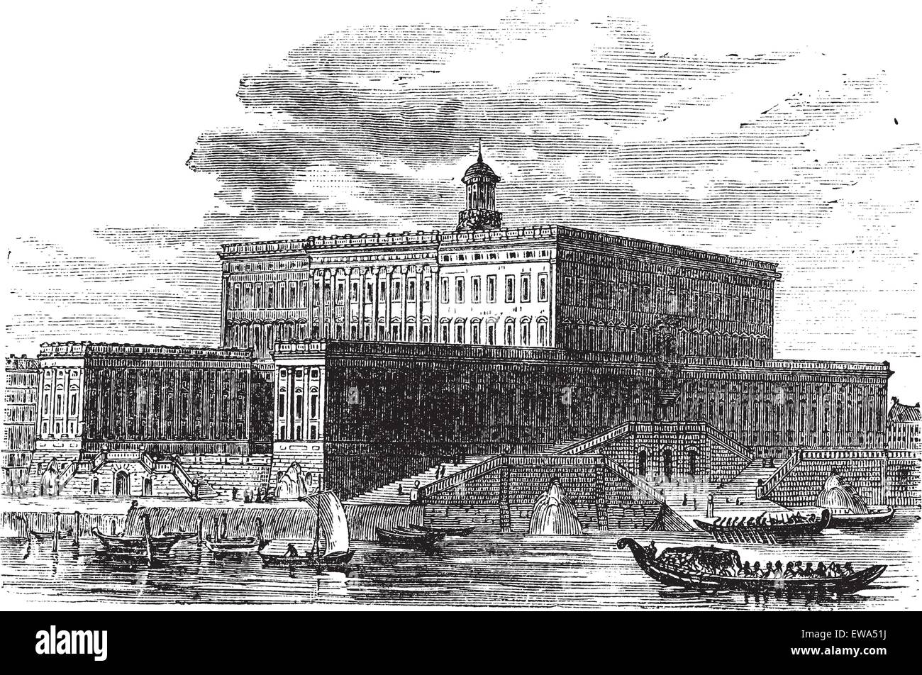 Stockholm Palace in Stadsholmen, Sweden, during the 1890s, vintage engraving. Old engraved illustration of Stockholm Palace with running boats in front. Stock Vector