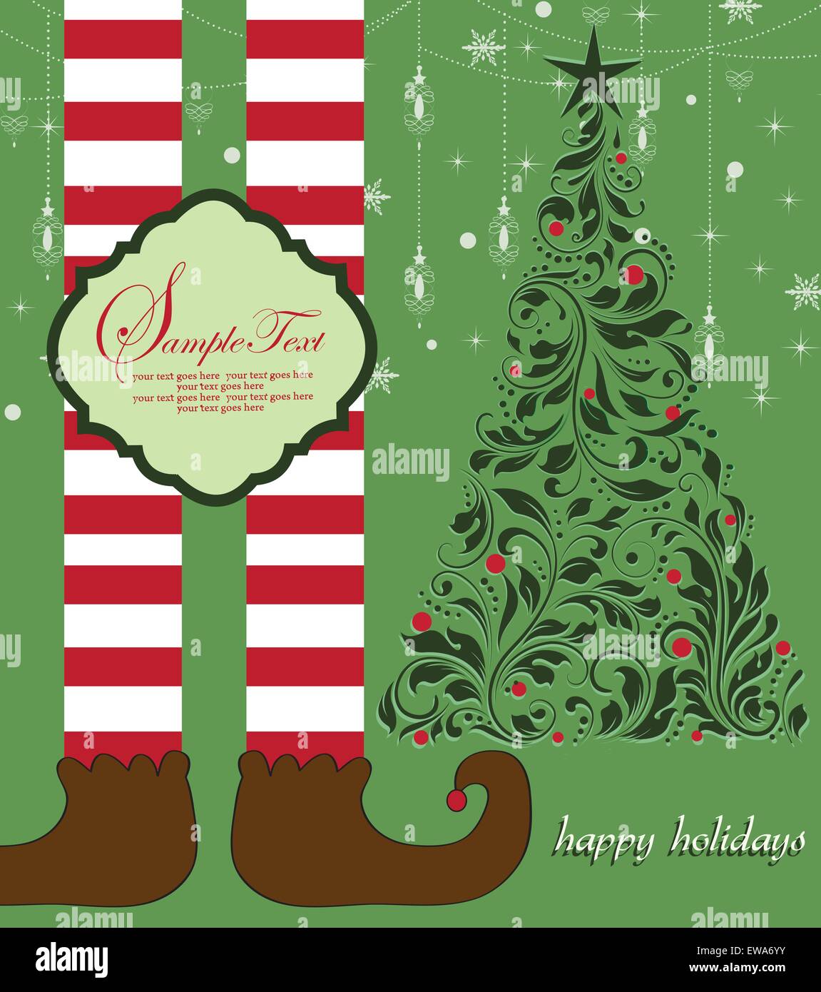 Vintage Christmas card with ornate elegant retro abstract floral design, elf legs with brown shoes and red striped stockings Stock Vector