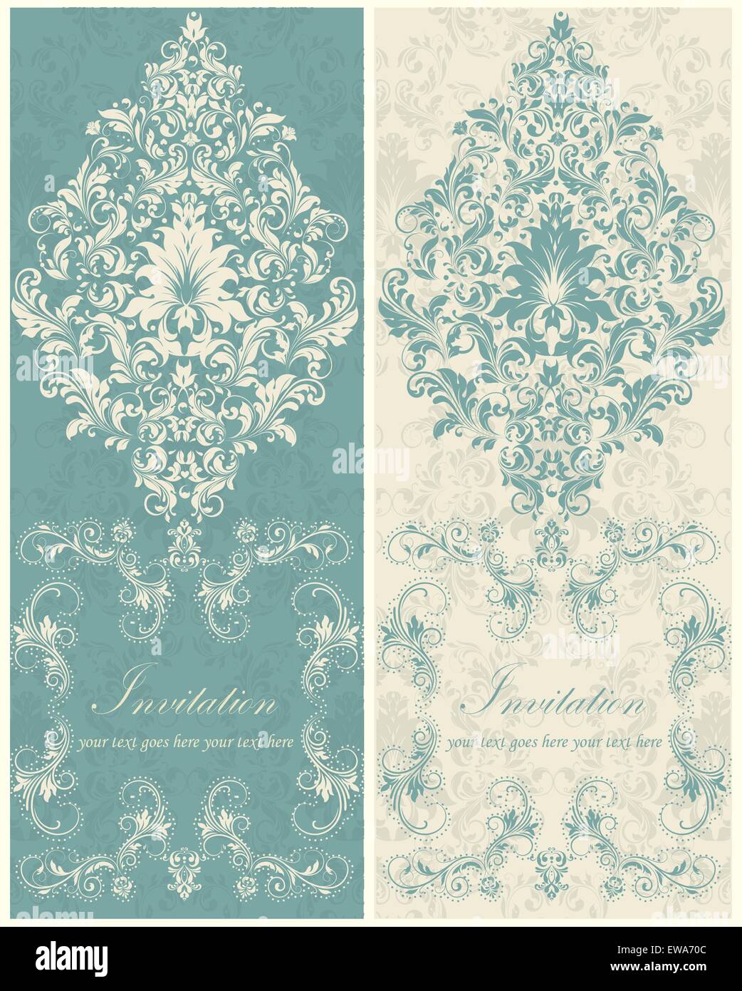 Set of two (2) vintage invitation cards with ornate elegant retro abstract floral design, beige flowers and leaves on dark teal Stock Vector