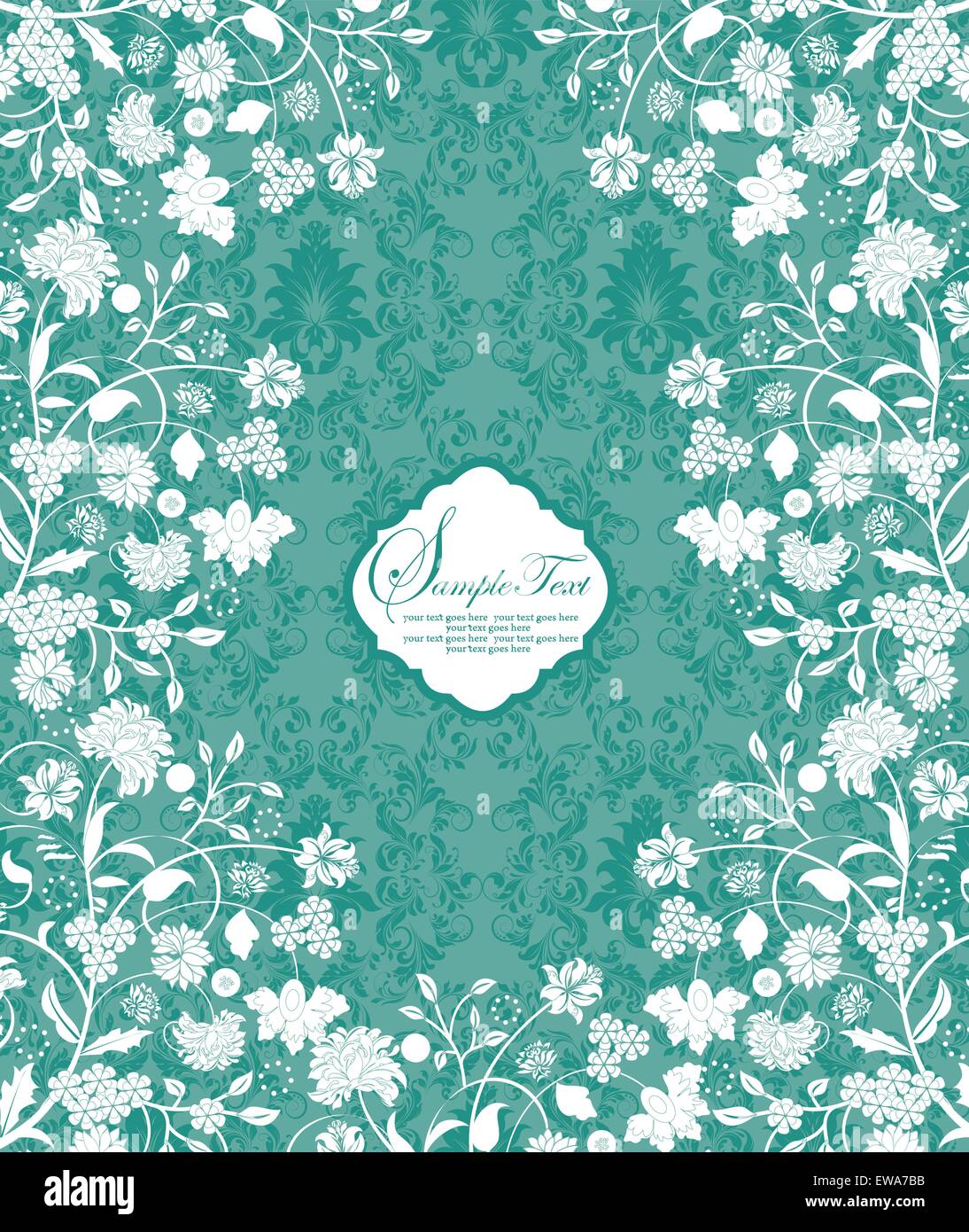 Vintage invitation card with ornate elegant retro abstract floral design, white flowers and leaves on teal blue green background. Vector illustration. Stock Vector