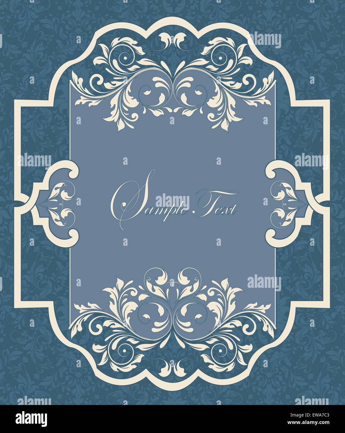 Vintage invitation card with ornate elegant retro abstract floral design, cream white flowers and leaves on azure blue Stock Vector