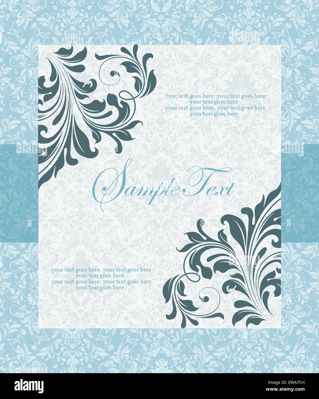 Vintage invitation card with ornate elegant retro abstract floral design, teal blue leaves on light blue background with frame Stock Vector