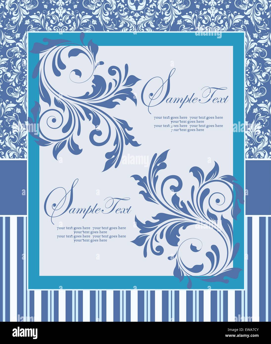 Vintage invitation card with ornate elegant retro abstract floral design, blue and white flowers and leaves with stripes Stock Vector