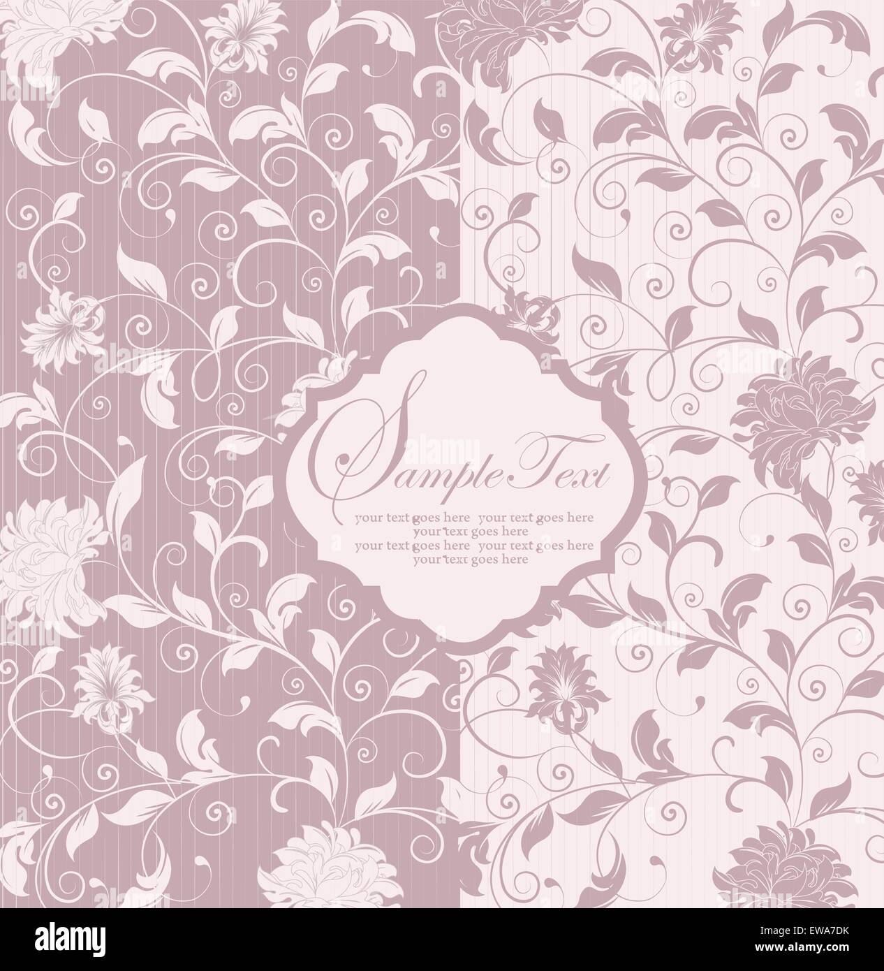 Vintage invitation card with ornate elegant retro abstract floral design, pale pastel purple and white flowers and leaves Stock Vector