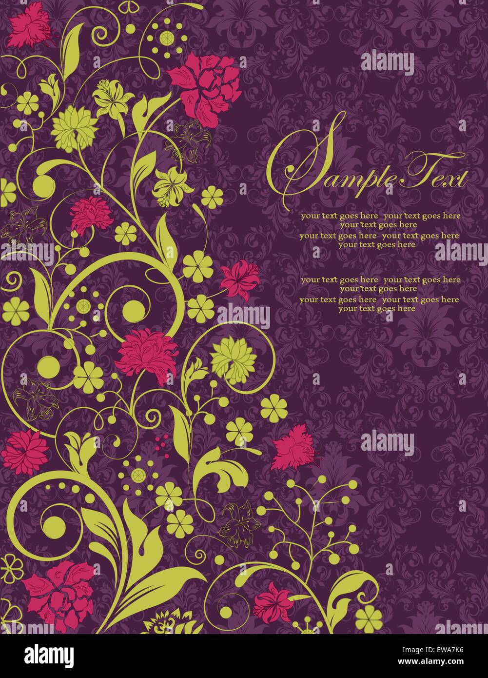 Vintage invitation card with ornate elegant retro abstract floral design, red and yellow green flowers and leaves on dark purple background. Vector illustration. Stock Vector
