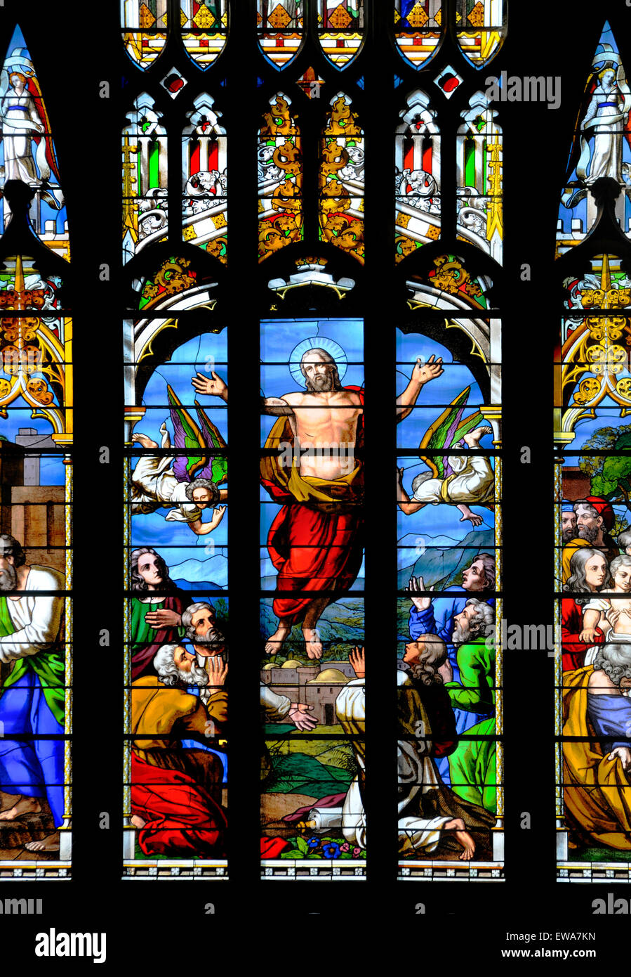 Norwich, Norfolk, England. Norwich Cathedral (1096-1145) Detail from the West Window showing The Ascension of Christ. (1854) Stock Photo